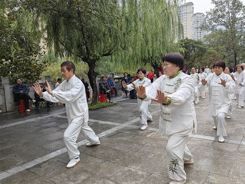 赫章縣七里店社區(qū)老年協(xié)會(huì)在西城區(qū)景觀河道小廣場開展重陽節(jié)活動(dòng)。王永勝 攝