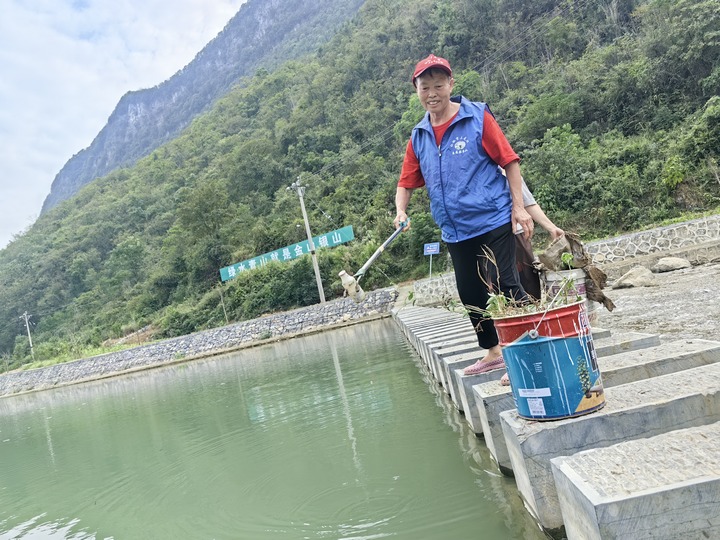 志愿者清理河道垃圾。